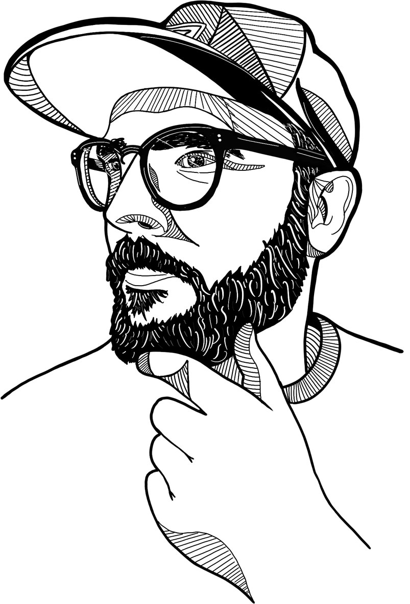 illustration of Jamie Hylands wearing glasses and a hat, hand pressed inquisitively to his chin.